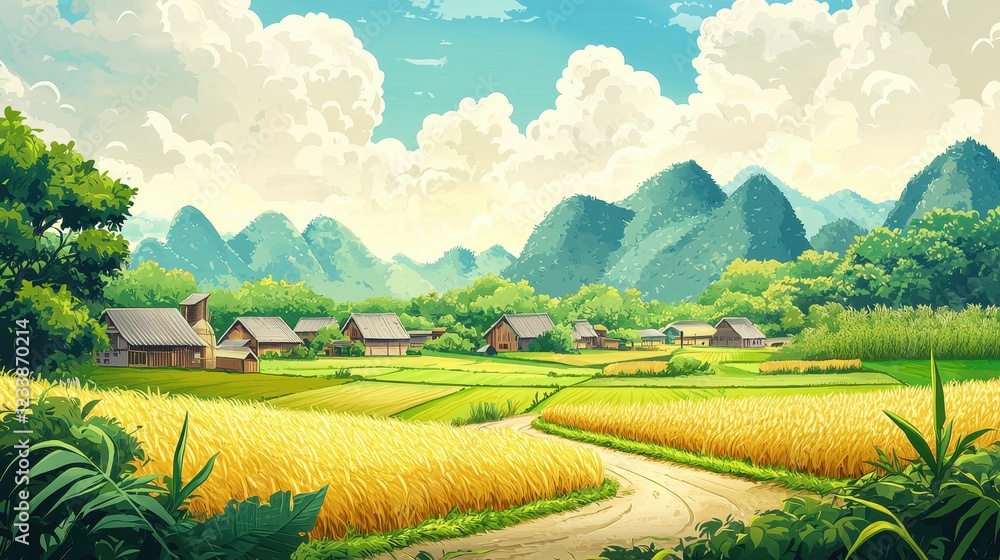 Fototapeta premium Serene Village nestled among lush green fields and mountains