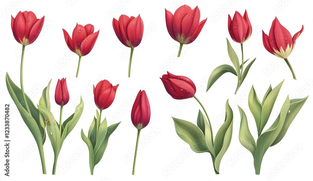 Obraz premium Red tulip flower vector set isolated on a white background, flat design, with a PNG transparent background and a clipping path. Full-body photo of red tulips with water drops. Red tulip vector 