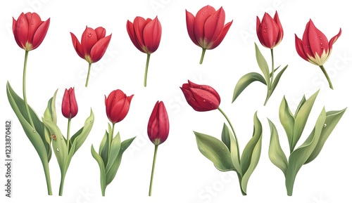 Wallpaper Mural Red tulip flower vector set isolated on a white background, flat design, with a PNG transparent background and a clipping path. Full-body photo of red tulips with water drops. Red tulip vector  Torontodigital.ca
