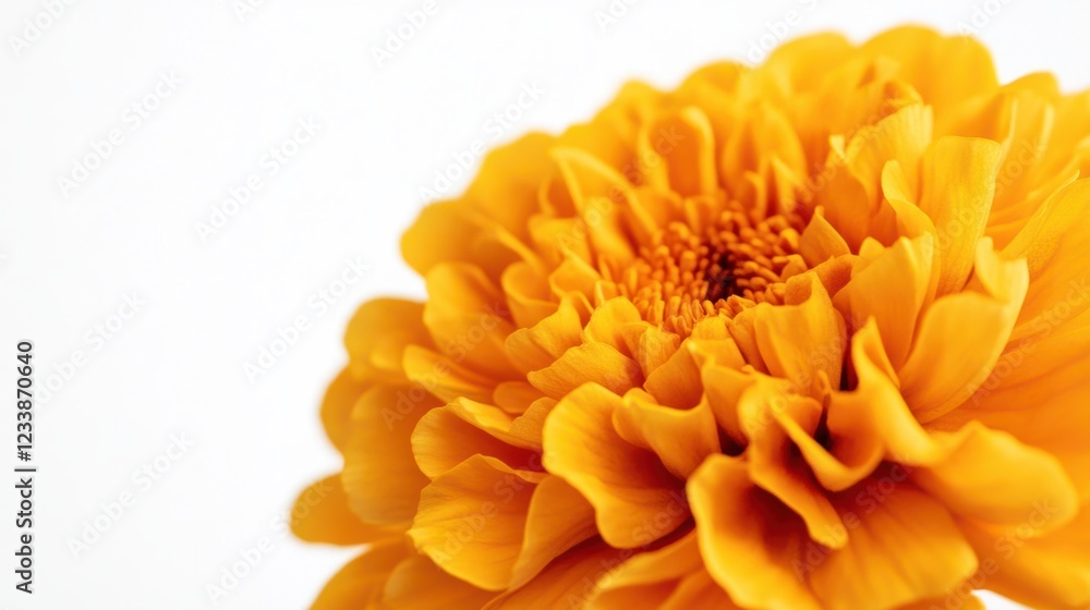 A close-up of a fully bloomed marigold flower, perfectly set against a white backdrop