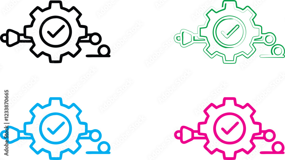 Minimalist icon set, gear symbols with checkmarks, simple line drawings, monochromatic color schemes, black, green, blue, and pink variations, clean vector graphics, productivity concept, quality assu Minimalist icon set, gear symbols with checkmarks, simple line drawings, monochromatic color schemes, black, green, blue, and pink variations, clean vector graphics, productivity concept, quality assu