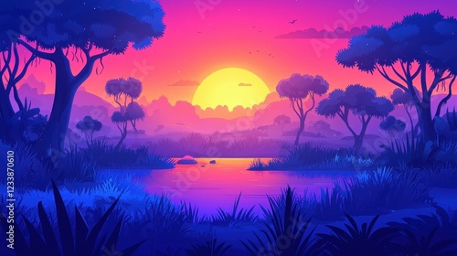 Vibrant Sunset Over Lush Tropical Landscape With River