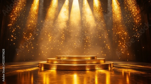 A golden royal awards podium surrounded by radiant spotlights, with premium textures and an elegant stage design photo