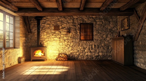 Cozy interior with wood burning stove and stone walls softly lit by natural light creating a warm inviting atmosphere for relaxation