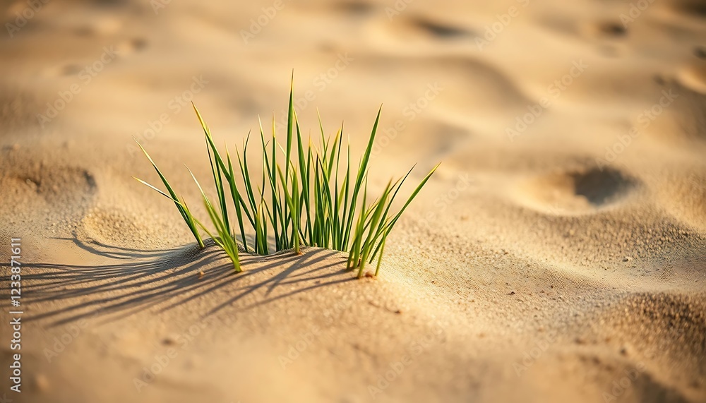 Resilient Grass: A Solitary Sprout in Golden Sand Dunes Resilient Grass: A Solitary Sprout in Golden Sand Dunes