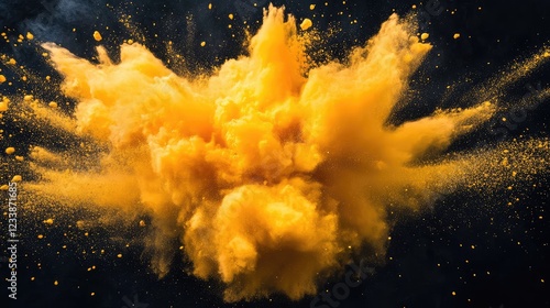 Vivid Yellow Powder Burst Creating Dynamic Contrast Against Dark Black Background with a Dramatic Explosion Effect