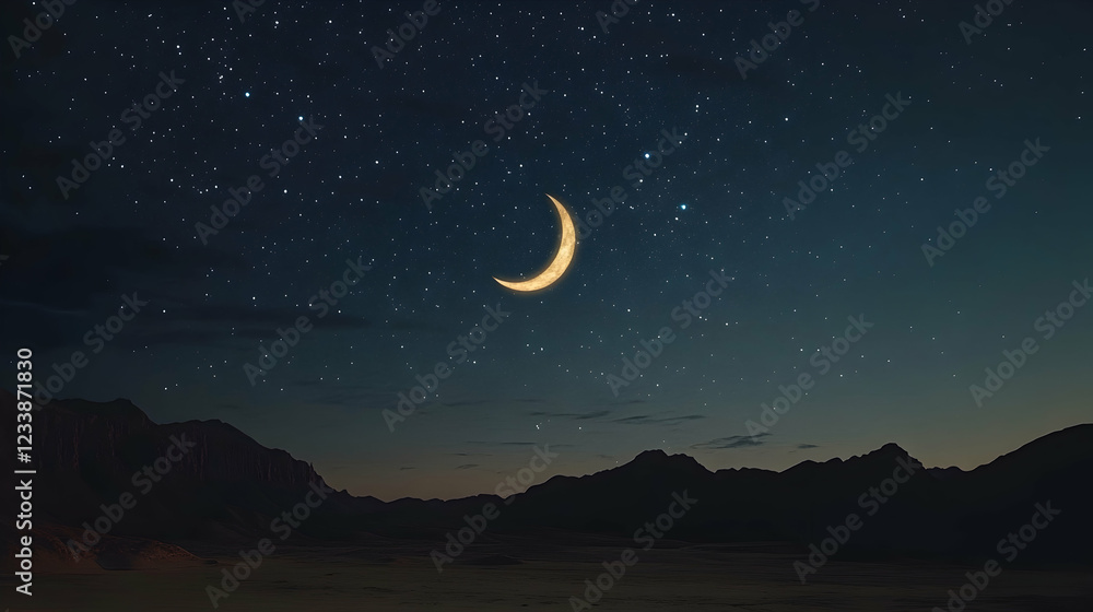 Serene crescent moon illuminates a starlit desert night sky above a majestic mountain range. Perfect for desktop wallpaper or travel brochure. Serene crescent moon illuminates a starlit desert night sky above a majestic mountain range. Perfect for desktop wallpaper or travel brochure.