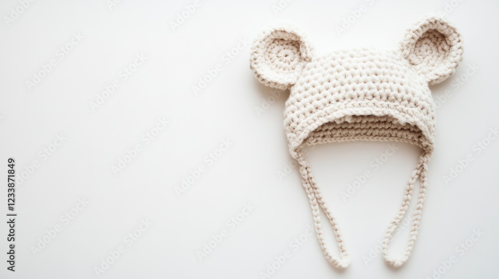 Fototapeta premium Crochet Ear Hat on Soft White Background with Empty Space for Copy and Customization