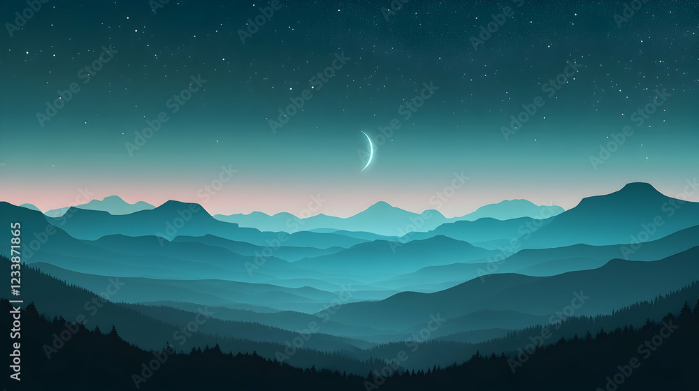 Serene nightscape crescent moon hangs over layered teal mountains under a starlit sky. Perfect for desktop backgrounds, meditation, tranquility themes. Serene nightscape crescent moon hangs over layered teal mountains under a starlit sky. Perfect for desktop backgrounds, meditation, tranquility themes.
