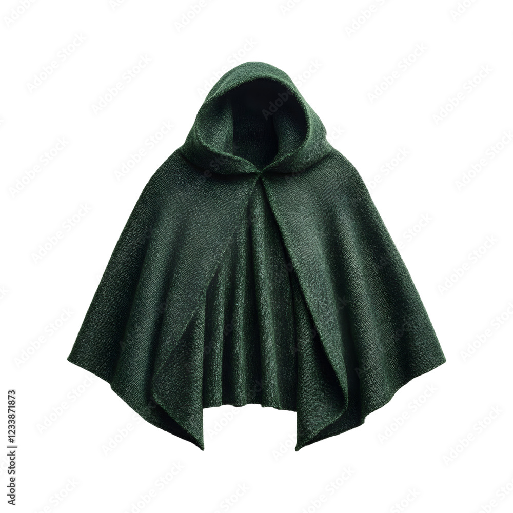 Deep Green Woolen Cape with Hood Isolated on Transparent Background