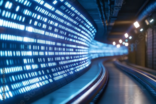 Futuristic blue tunnel, moving walkway, data stream photo