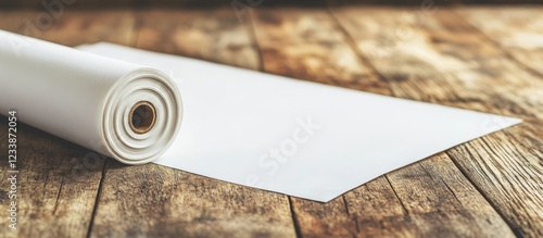 Roll of white paper on wooden surface with partial unrolled sheet and visible texture of the wood background Copy Space photo