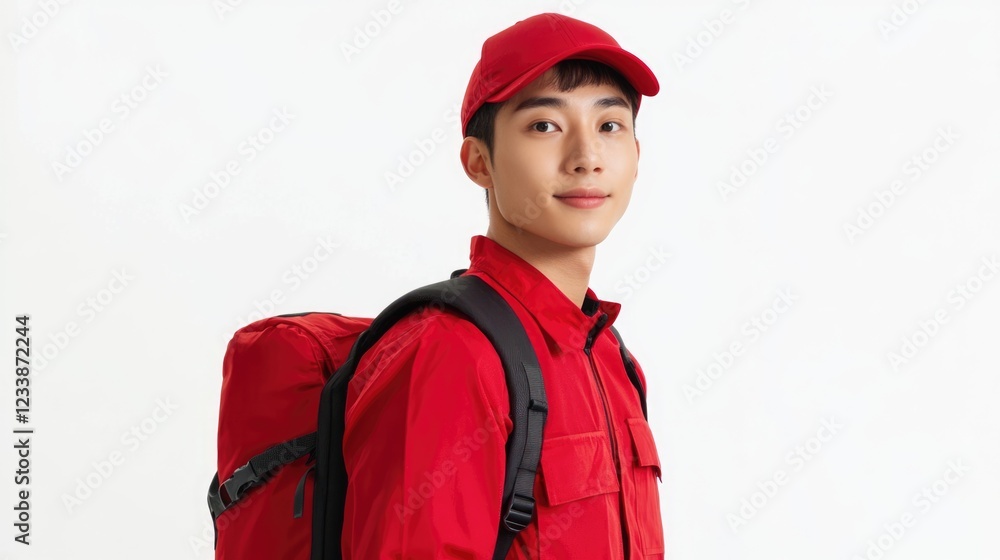 Young Asian delivery worker in red uniform smiling with backpack isolated on clean white background for service and logistics concepts Young Asian delivery worker in red uniform smiling with backpack isolated on clean white background for service and logistics concepts