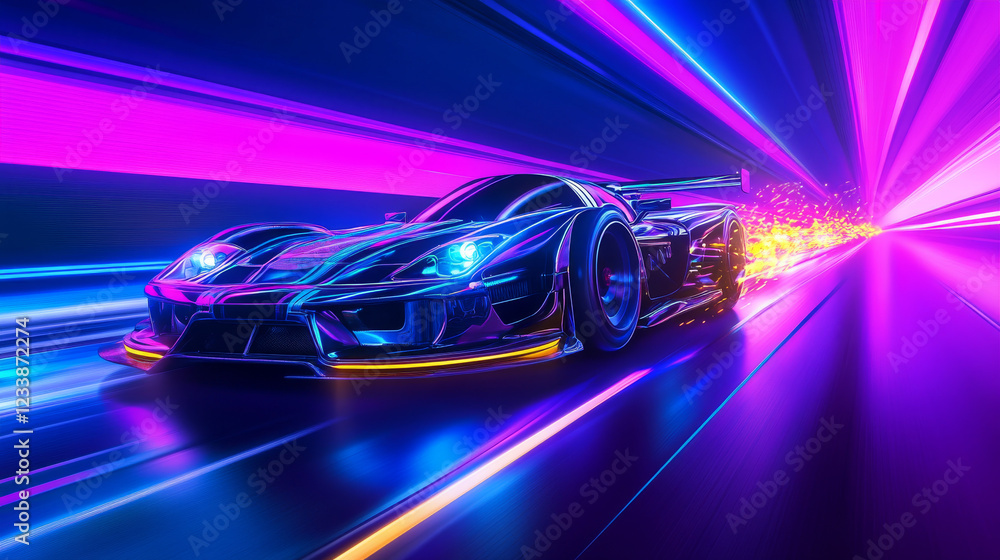Speeding Sports Car On Neon Highway. Powerful acceleration of a supercar on a night track with colorful lights and trails. 3d render Speeding Sports Car On Neon Highway. Powerful acceleration of a supercar on a night track with colorful lights and trails. 3d render