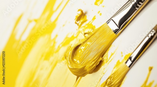 Dynamic yellow paint splashes with golden accents around artist brushes on a clean white background highlighting creativity and expression. photo