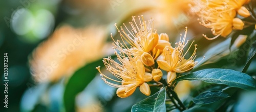 Yellow flower blossoms with green leaves in soft focus background, natural light, botanical close-up, vibrant summer scene, Copy Space photo