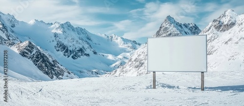 Snowy mountain landscape with empty billboard for advertising and copy space for text in bright daylight photo