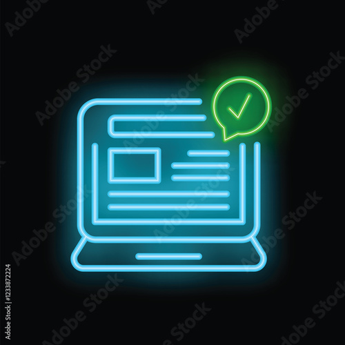 Neon sign showing a laptop screen displaying an online article with approved content