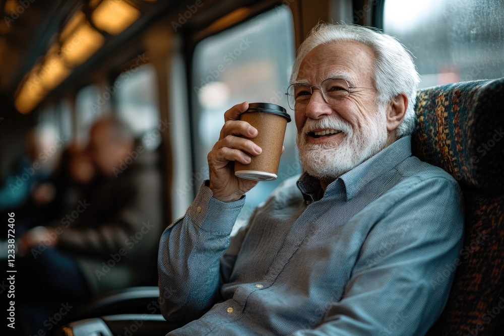 Senior man enjoying coffee while riding train Senior man enjoying coffee while riding train