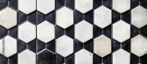 Hexagonal black and white tile pattern background with textured surfaces and geometric design ideal for architectural or interior use Copy Space photo