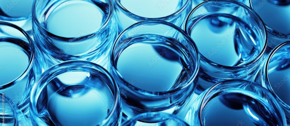 Transparent glass vases stacked together with blue background creating abstract pattern and reflections suitable for various design projects Copy Space Transparent glass vases stacked together with blue background creating abstract pattern and reflections suitable for various design projects Copy Space