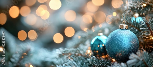 Blue Christmas ornament on a pine tree with blurred golden bokeh lights in the background Copy Space photo