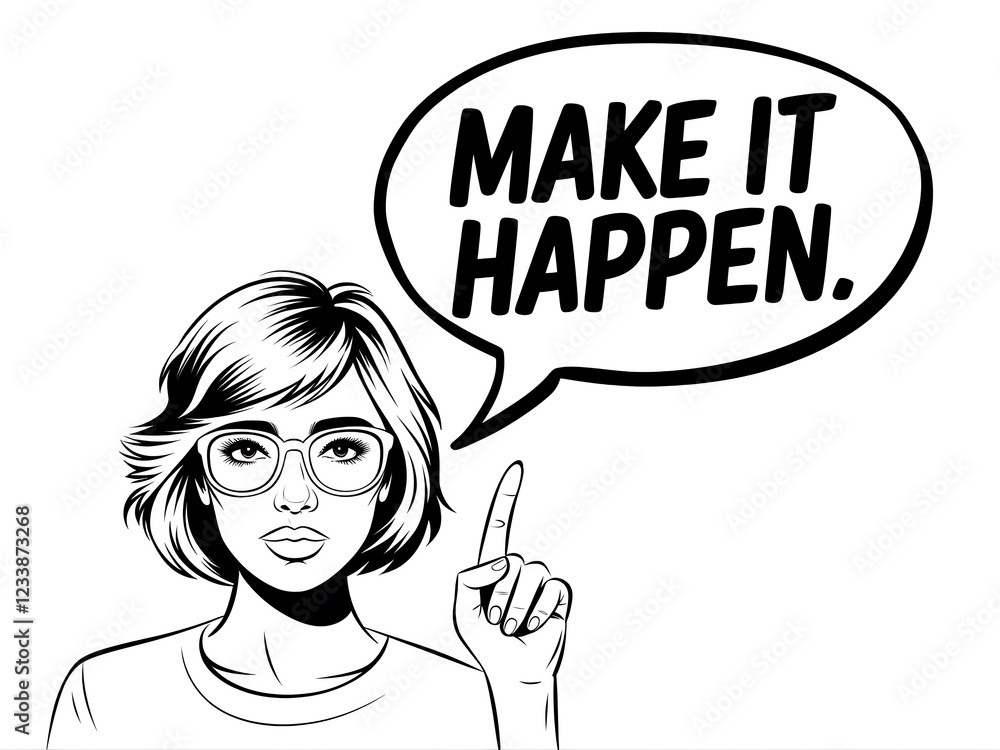 Woman with glasses points up saying Make it Happen Woman with glasses points up saying Make it Happen