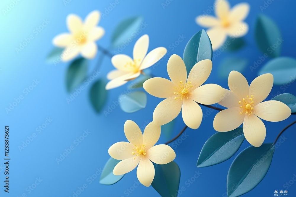 Naklejka premium A close-up view of delicate yellow flowers with soft petals and green leaves against a gradient blue background, creating a serene and fresh atmosphere. 3d rendering cute illustration creative scene.