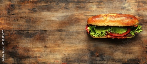 Freshly made sandwich with lettuce and tomato on rustic wooden background with ample copy space for text insertion photo