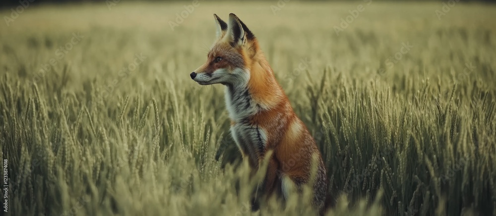 Obraz premium Red fox in a green rice field displaying alertness and natural beauty with ample space for text and artistic projects
