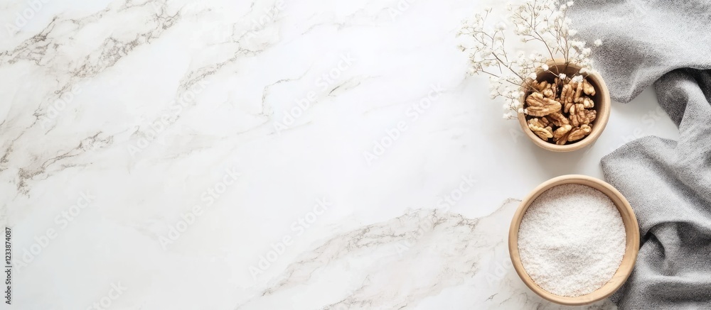 Neutral marble surface with bowls of sugar and nuts alongside a gray cloth and dried flowers, featuring Copy Space for text placement Neutral marble surface with bowls of sugar and nuts alongside a gray cloth and dried flowers, featuring Copy Space for text placement