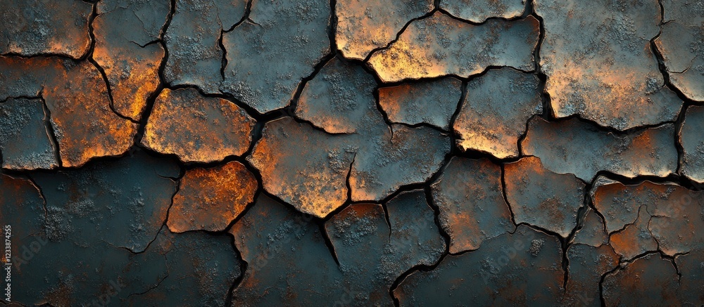 Textured cracked surface with dark blue and rust orange colors showcasing peeling paint and weathered effects suitable for backgrounds or abstract designs Copy Space Textured cracked surface with dark blue and rust orange colors showcasing peeling paint and weathered effects suitable for backgrounds or abstract designs Copy Space