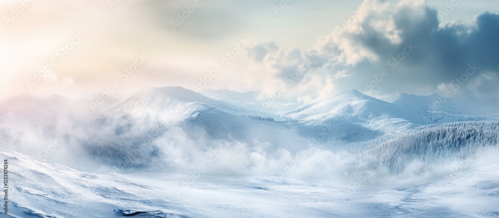 Obraz premium Snowy mountain landscape with clouds and mist during winter sunrise showcasing vastness and tranquility with Copy Space