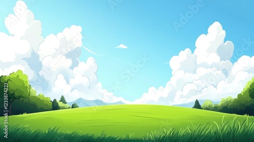 Vibrant countryside landscape with lush green field and clear blue sky ideal for copyspace and nature themes photo