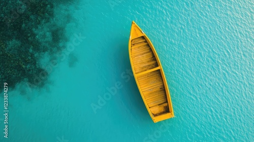 Vibrant Yellow Rowing Boat Floating on Turquoise Waters Under a Bright Blue Sky in a Serene Coastal Setting