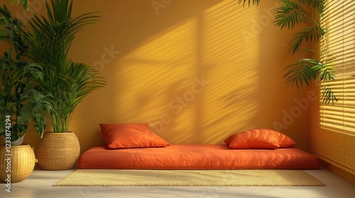 Cozy Minimalist Sleeping Area with Warm Tones and Plants in Bright Sunlight for Relaxation and Comfort