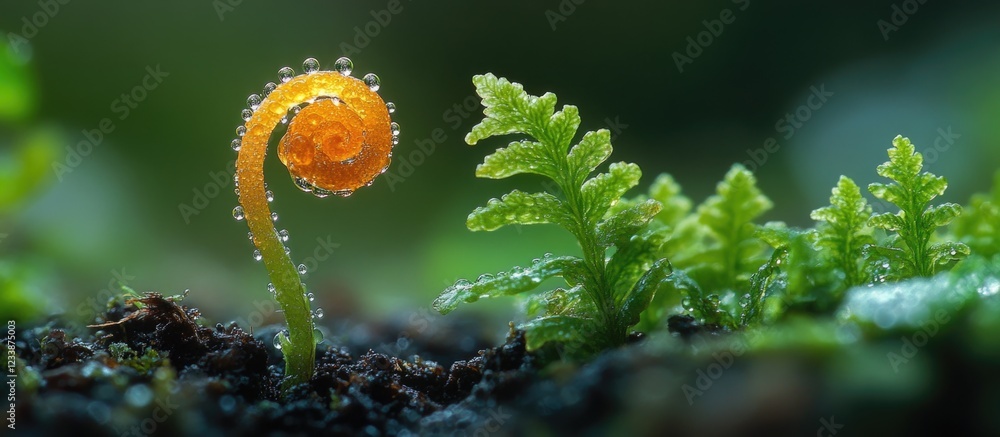 Obraz premium Close-up of a young fern unfurling with vibrant orange and green hues surrounded by water droplets on dark soil with Copy Space.