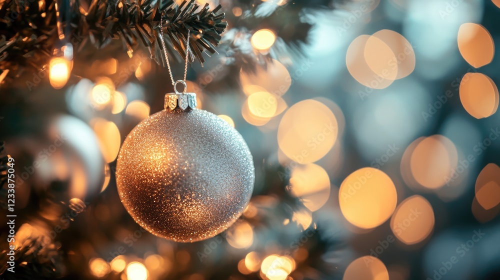 Cozy living room with beautifully decorated Christmas tree featuring silver ornaments and warm bokeh lights during the holiday season Cozy living room with beautifully decorated Christmas tree featuring silver ornaments and warm bokeh lights during the holiday season