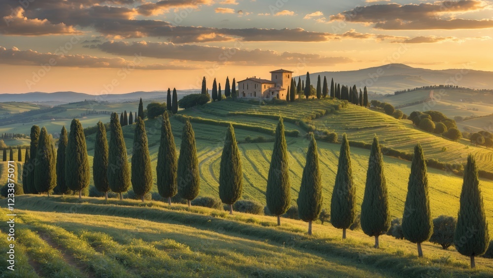 Obraz premium Tuscan Sunset Landscape Villa and Cypress Trees