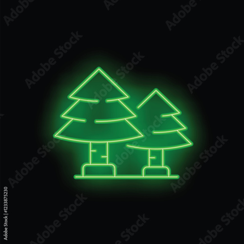 Green neon sign representing two fir trees growing side by side, isolated on a black background