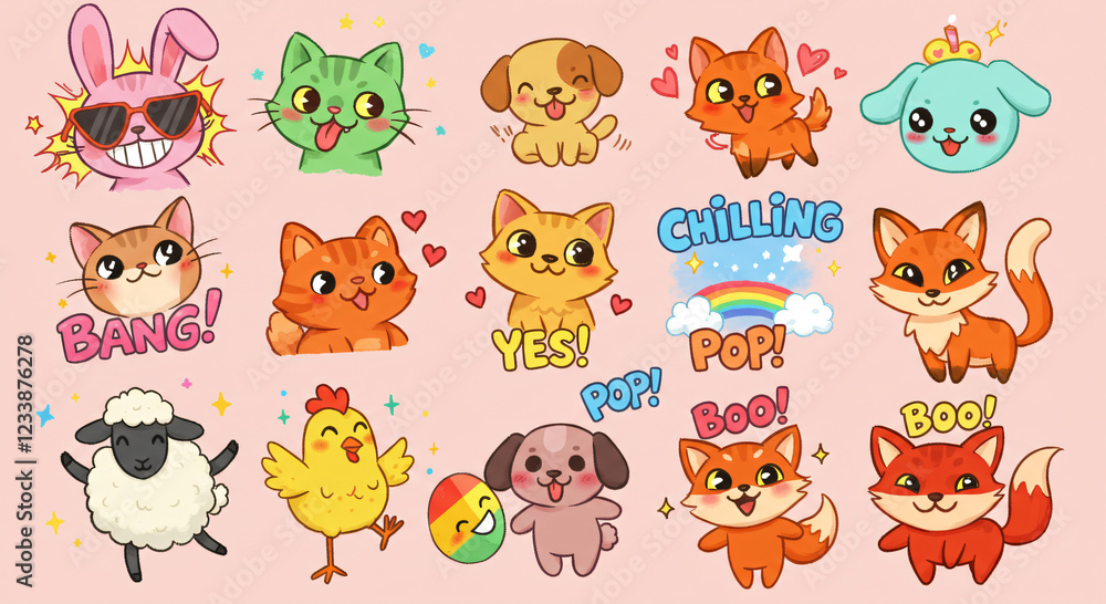 Fototapeta premium Illustration of cute cartoon animals and characters on a pastel pink background with words like YES!, BANG!, CHILLING, and BOO!.