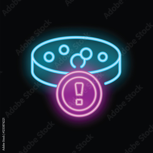 Neon icon of a petri dish containing bacteria with an exclamation point as a warning sign for contamination