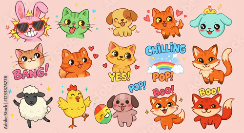 Illustration of cute cartoon animals and characters on a pastel pink background with words like YES!, BANG!, CHILLING, and BOO!.