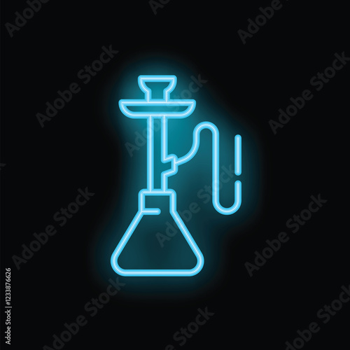 Blue neon sign representing a hookah on a black background, ideal for concepts such as nightlife, relaxation and smoking