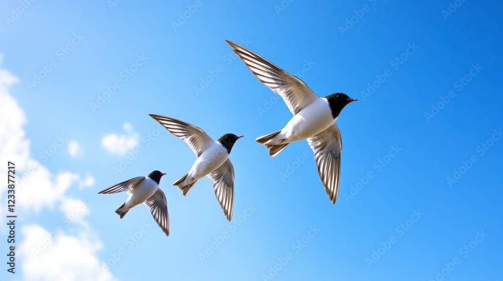 Obraz premium Three Birds in Flight Against a Clear Blue Sky