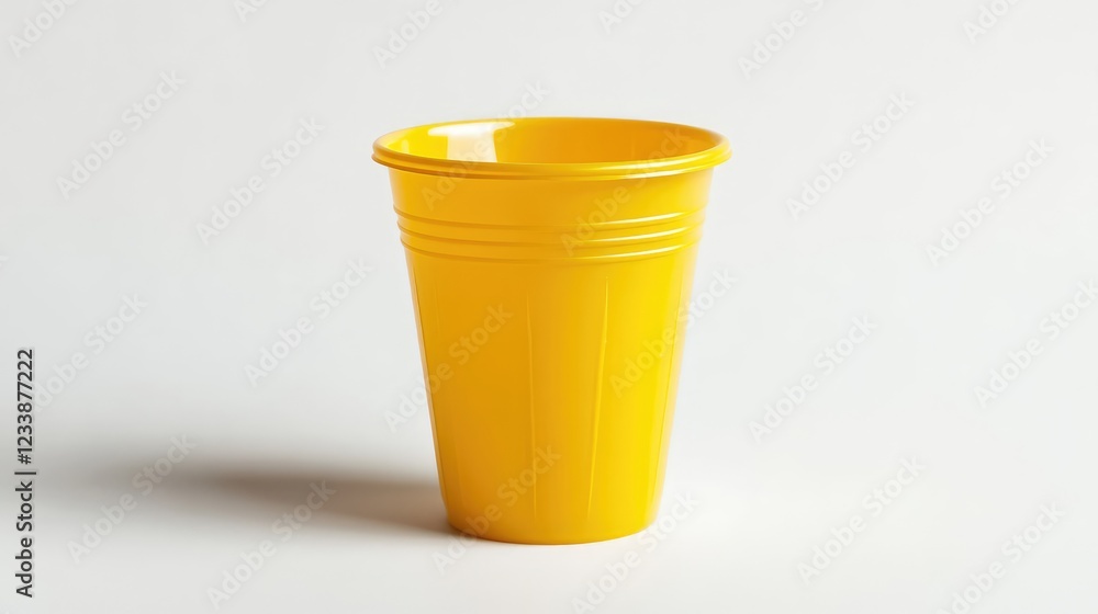 Vibrant Yellow Plastic Party Cup Standing Solo on Light Gray Surface in Bright Studio Lighting for Celebratory Concepts Vibrant Yellow Plastic Party Cup Standing Solo on Light Gray Surface in Bright Studio Lighting for Celebratory Concepts
