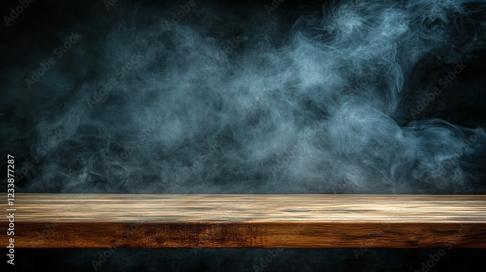 Smoky background, wooden table, product display