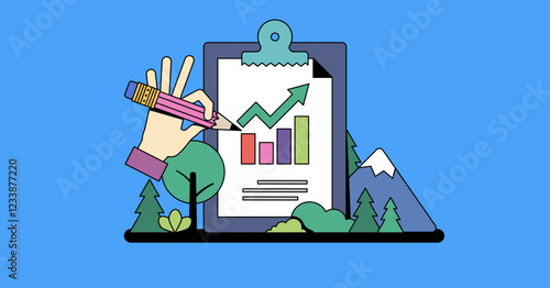 Sustainability reporting visualizes growth with hands holding a pencil and a chart. Neubrutalism hands concept