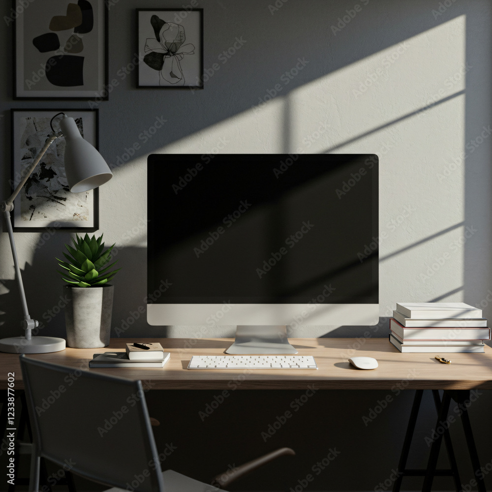 Modern desk setup with a computer monitor, keyboard, mouse, plant, and stack of books. Modern desk setup with a computer monitor, keyboard, mouse, plant, and stack of books.