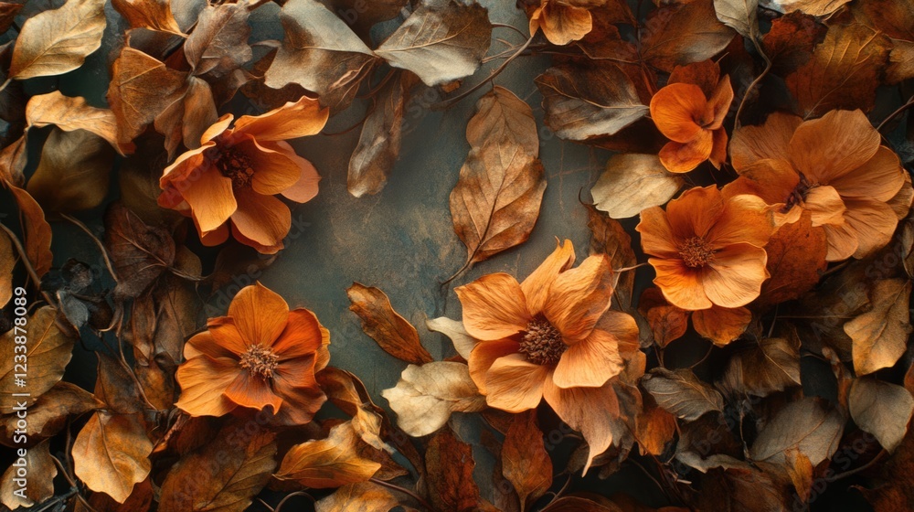Fototapeta premium Dried Autumn Leaves and Flowers Background with Textured Stone Surface